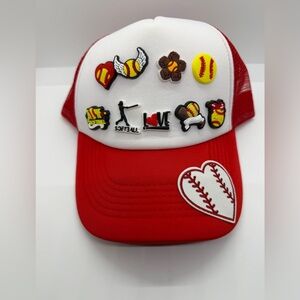 🥎🔥Kids Trucker Hat Red and White Softball Theme with interchangeable bitz